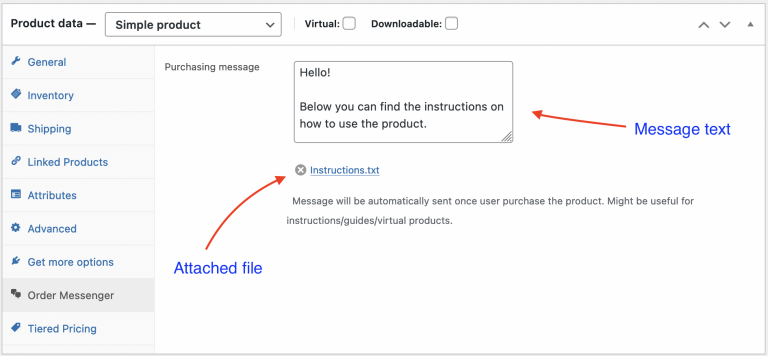 <p>The plugin allows you to write a message with a file attached and automatically send it once users purchase a product. It Might help provide instructions/guides/virtual products.</p>
