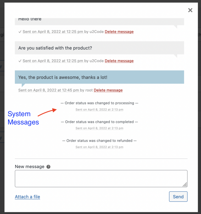 <p>System messages send when an order changes its status or if there is a new “order note” for the customer.<br />
Usually, shipping plugins like UPS, DHL, or FedEx use order notes to push a tracking number. This feature allows duplicating it into the chatroom to keep everything in order.</p>
