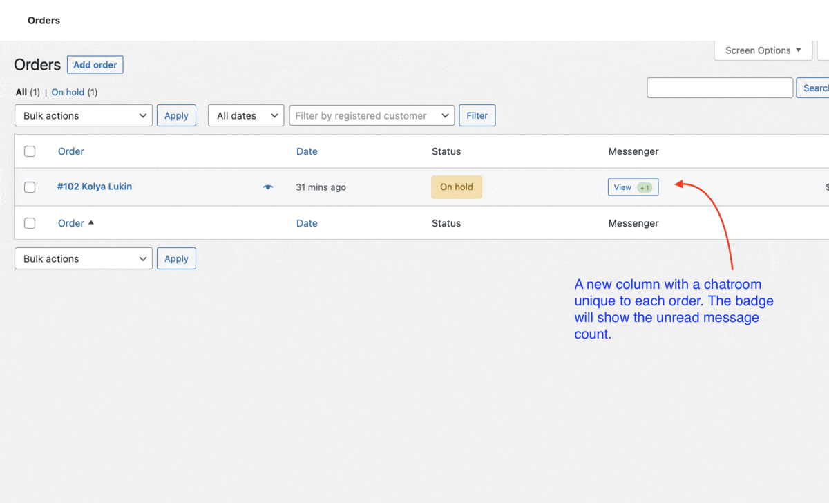 Unread badges and quick chatrooms on the Orders list.