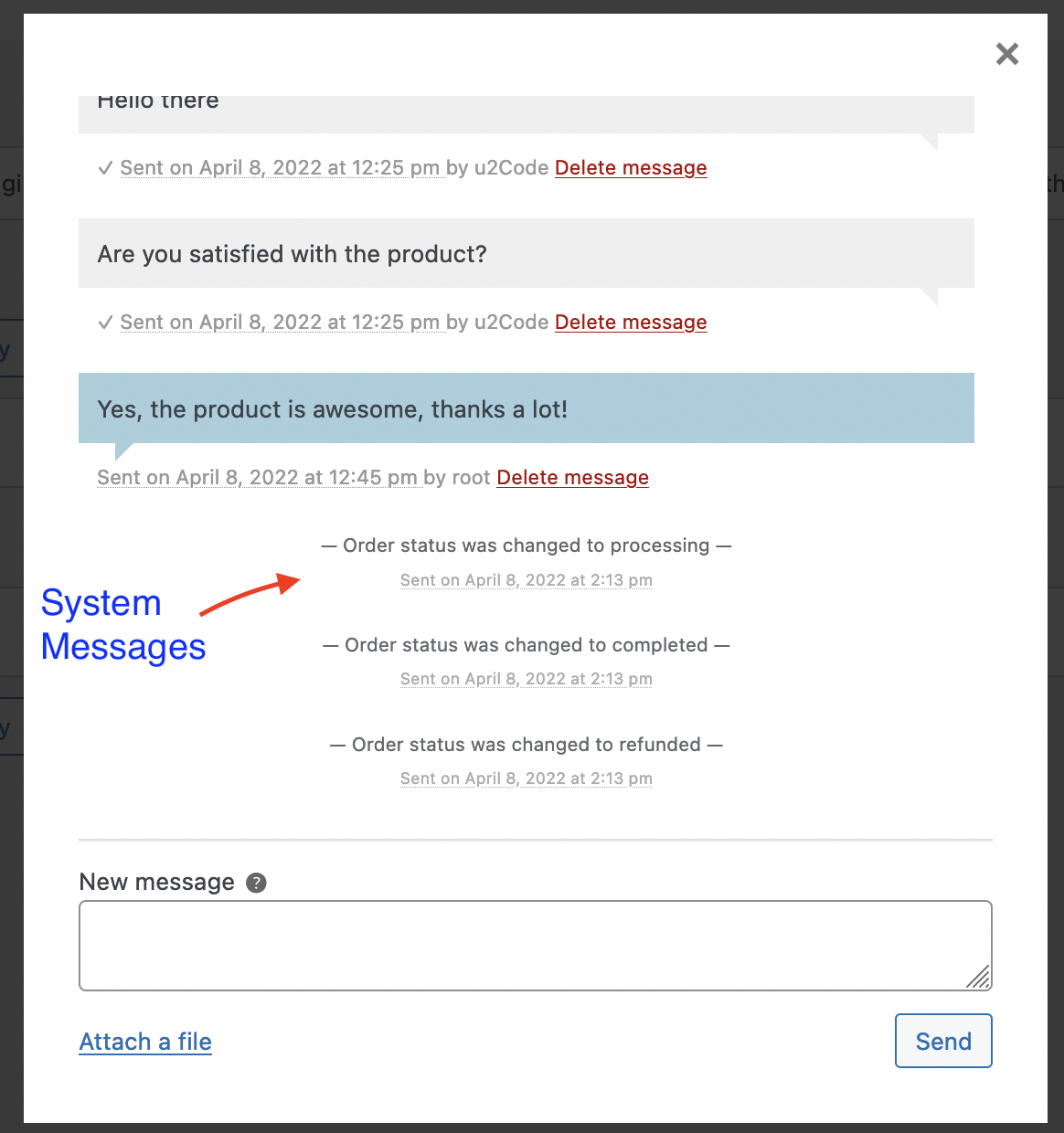 System messages and read indicators keep both sides in sync.