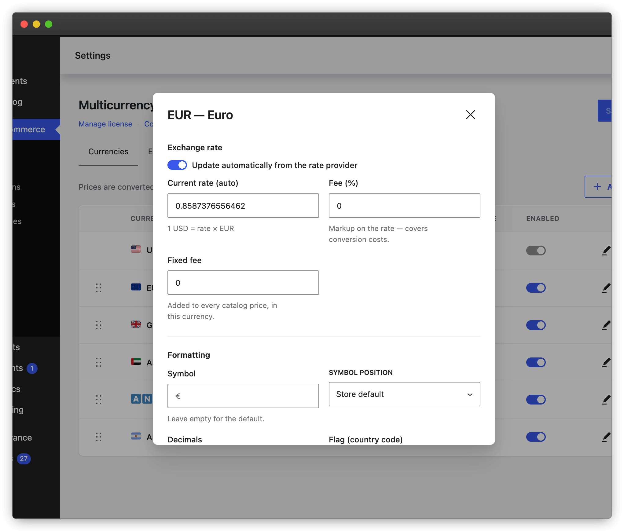 Per-currency settings
