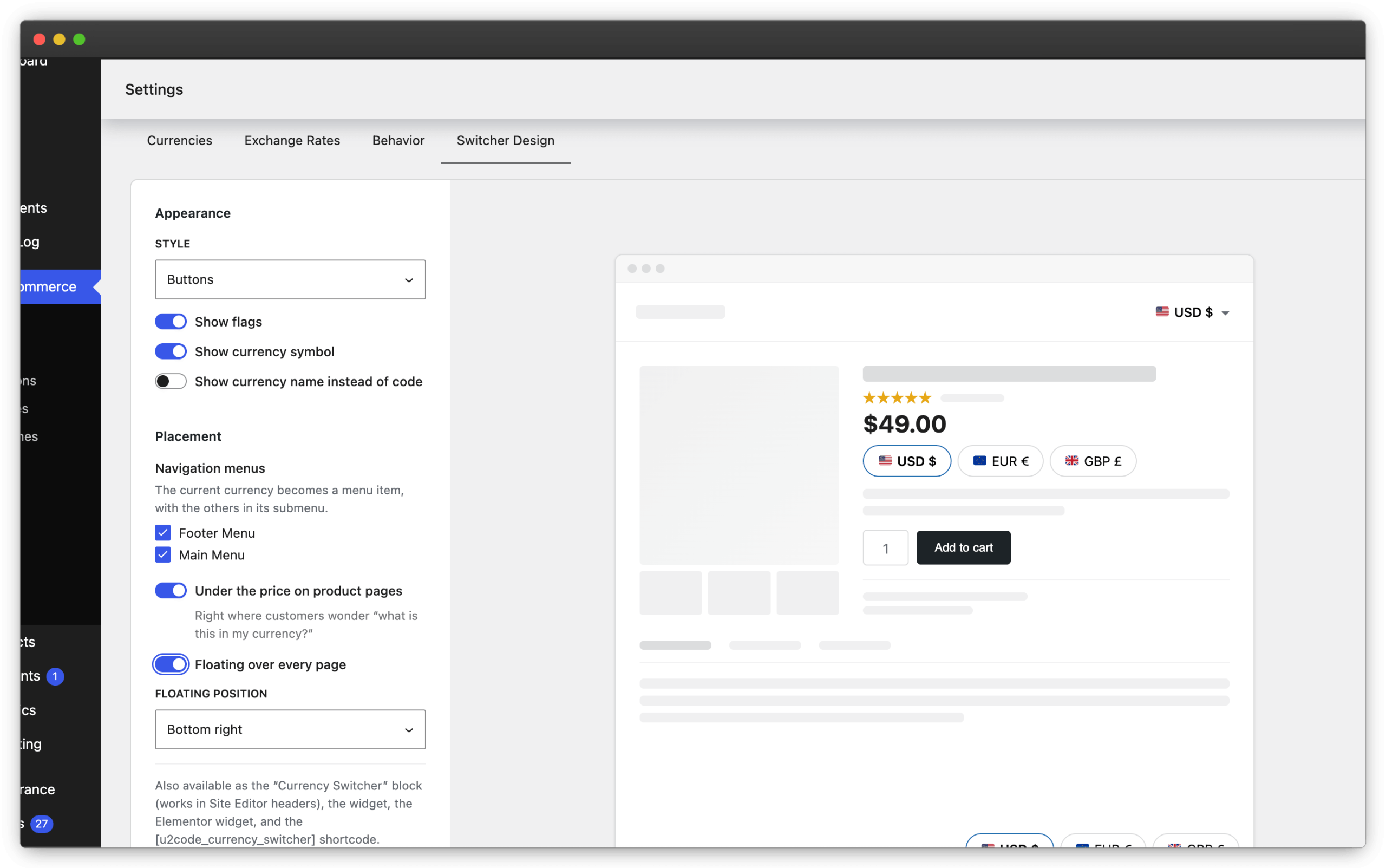 Switcher designer with a live storefront preview