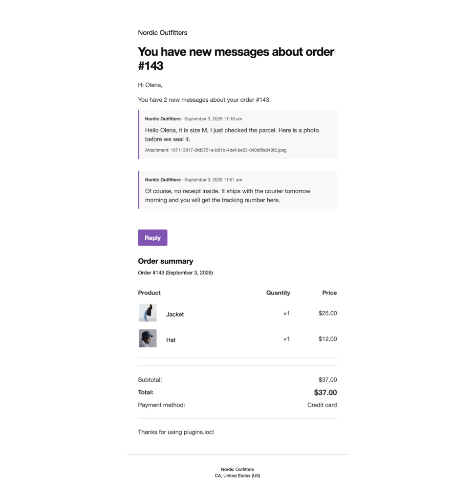 The customer notification email.