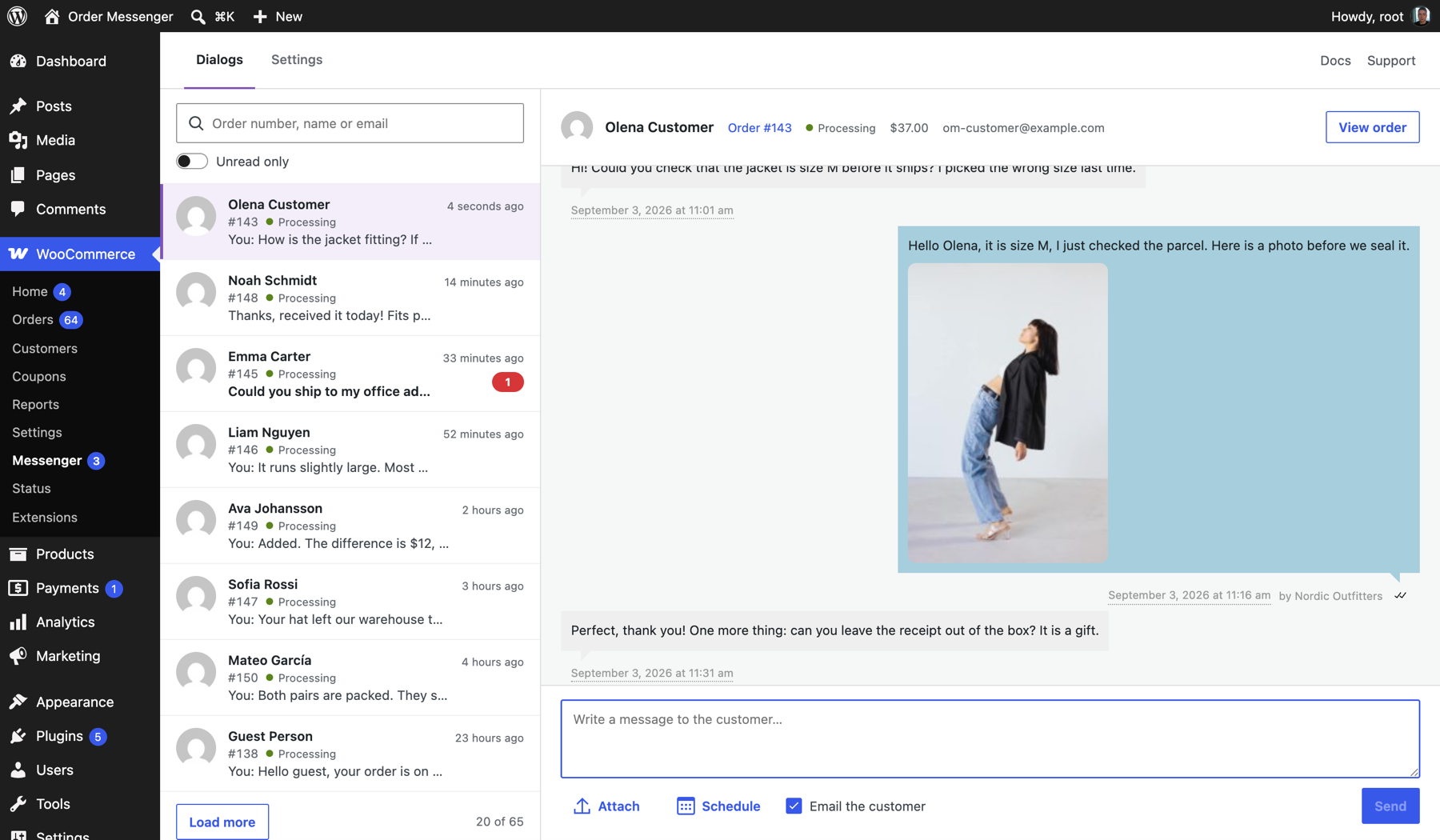 The Messenger page in WooCommerce admin: every order conversation in one place, with search, an unread filter and live updates.