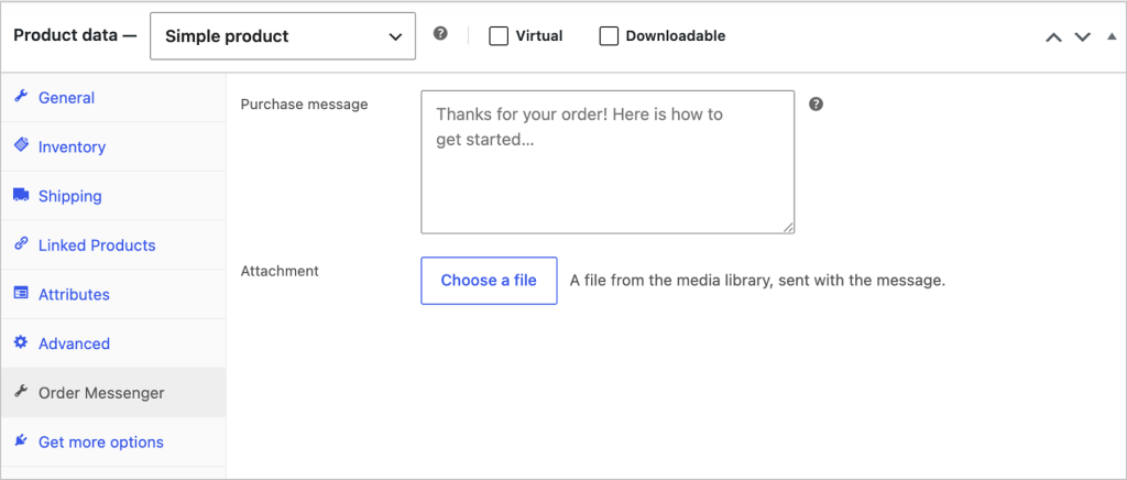 A purchase message with an attachment, set on the product.