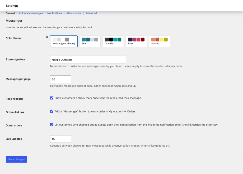 General settings: palette, store signature, guest access and live updates.